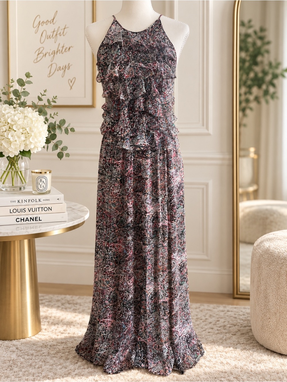 L’AGENCE Ruffle Paisley Maxi Dress Open Back Estimated XS